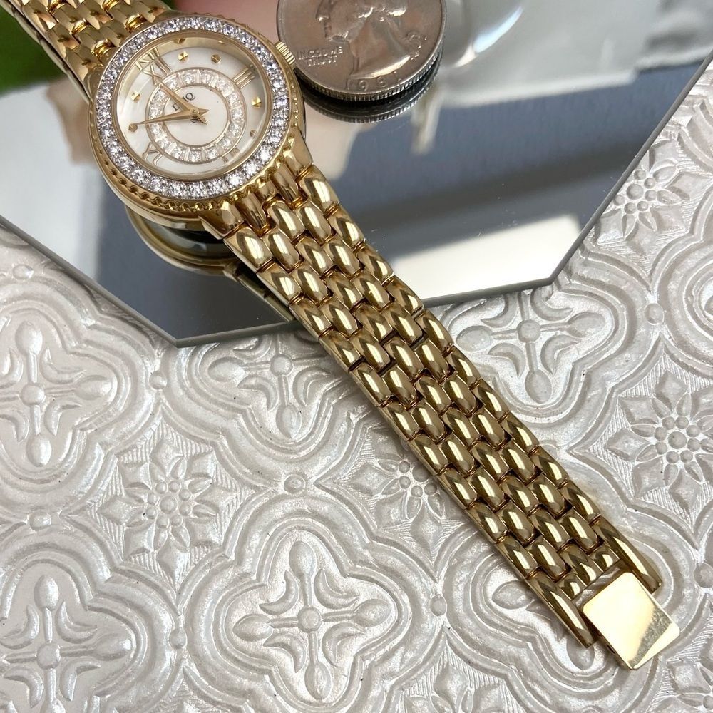 DMQ Diamonique CZ Bezel Mother of Pearl Dial Gold-Tone Dress Watch - Picture 14 of 16
